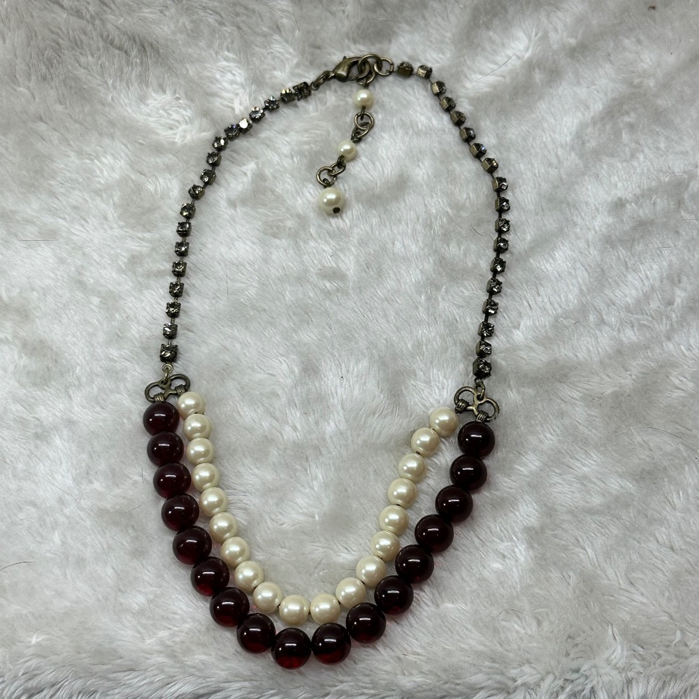 Vintage Costume Necklace, Crimson and Pearl Beaded